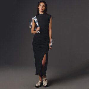 Anthropologie Daily Practice Mock Neck Ruched Midi Dress in Black -NWT sz Medium